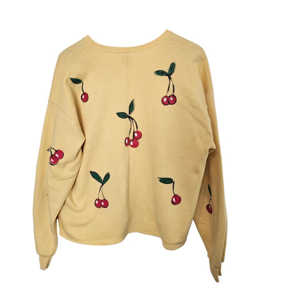 Vintage Cherry Cardigan Womens Large Yellow Red Handmade Granny Sweater Cottage - Picture 2 of 9